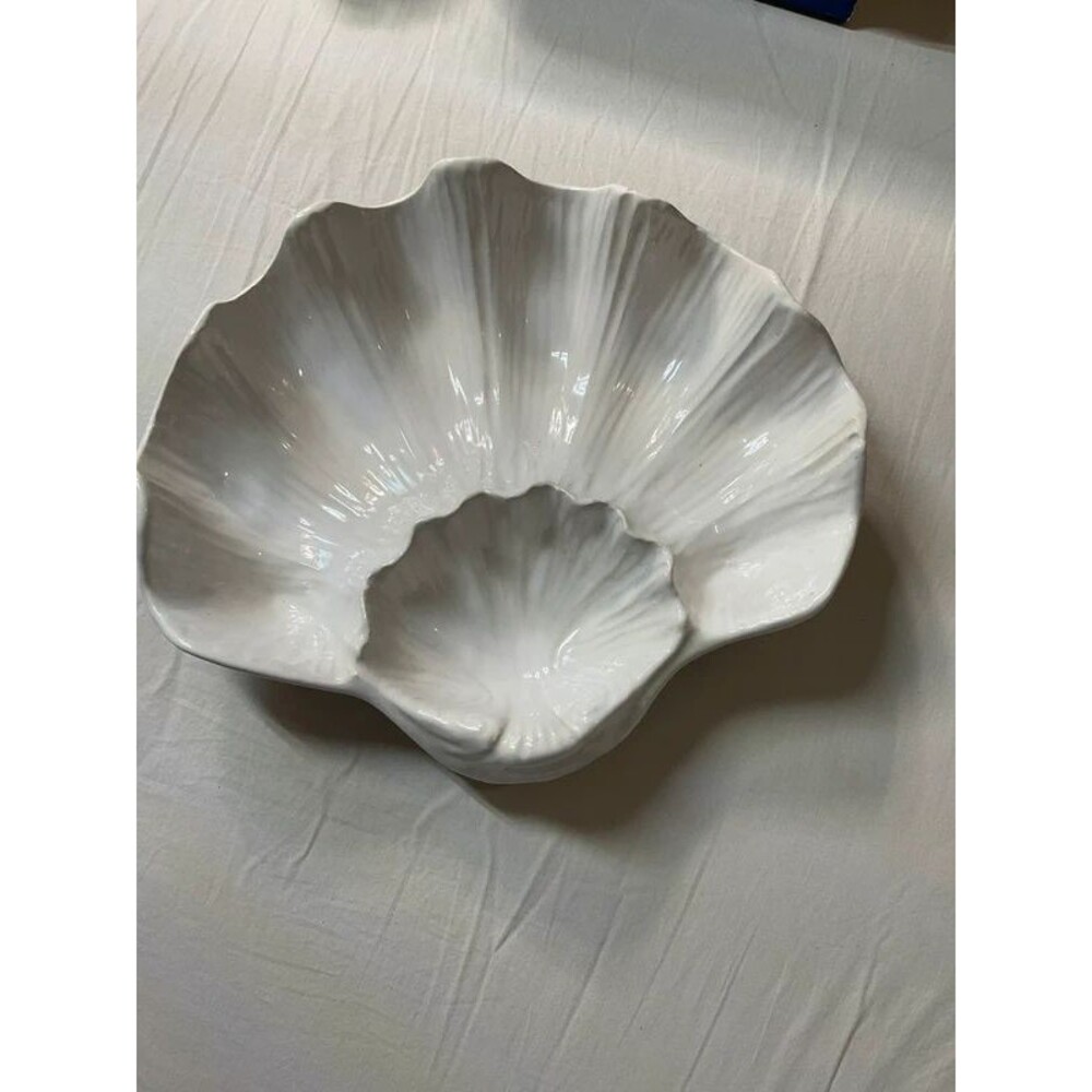 Vintage White Ceramic Sea Shell Chip and Dip Bowl Serving Dish Coastal 12"